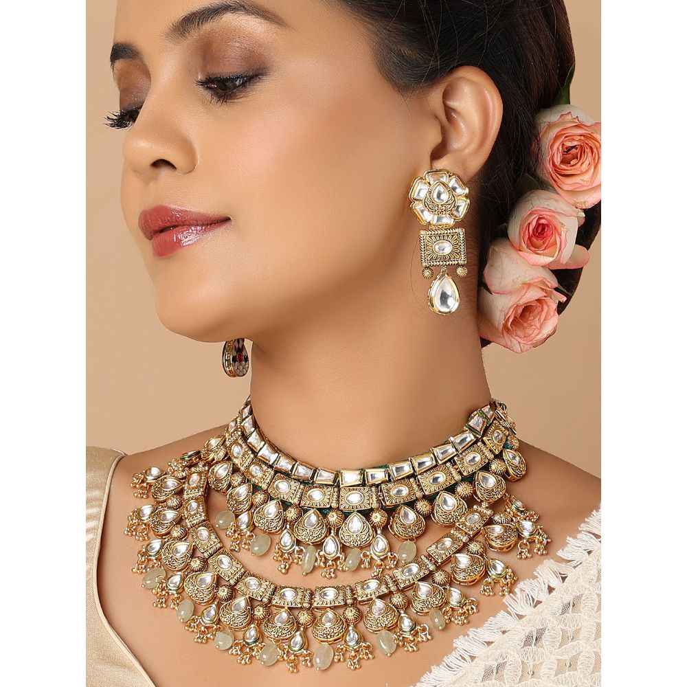 Buy Joules by Radhika Kundan Polki Necklace Set in Gold and Green Tone - Purplle