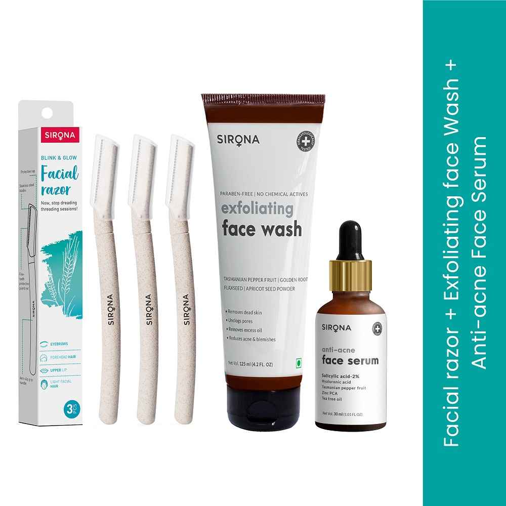 Buy Sirona Clear Skin Routine Combo of Exfoliating Face Wash with Face Razors and Face Serum 3 Pcs - Purplle