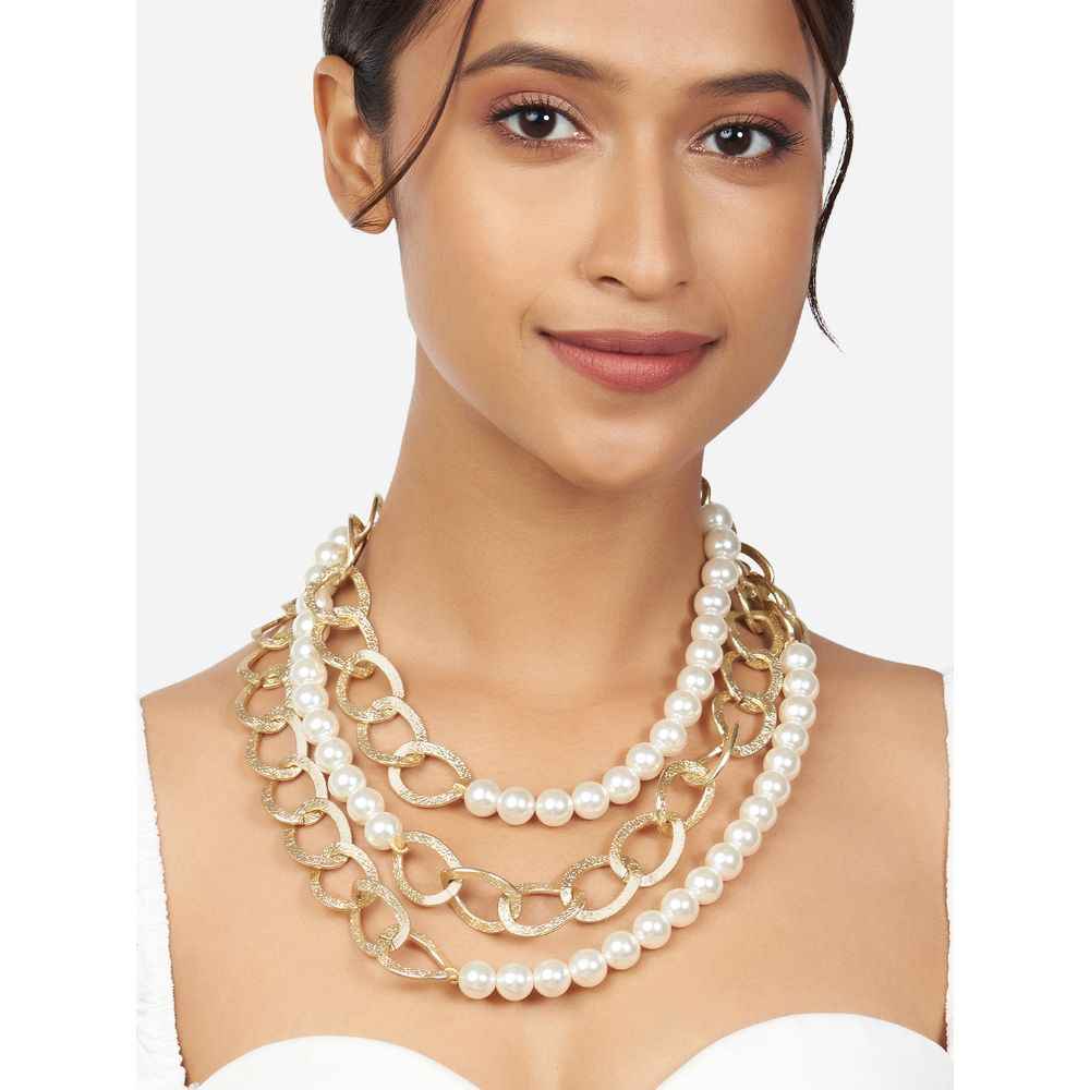 Buy Ahaanya Multi-Strand Gold & White Pearl & Chain Necklace NLJ95 - Purplle