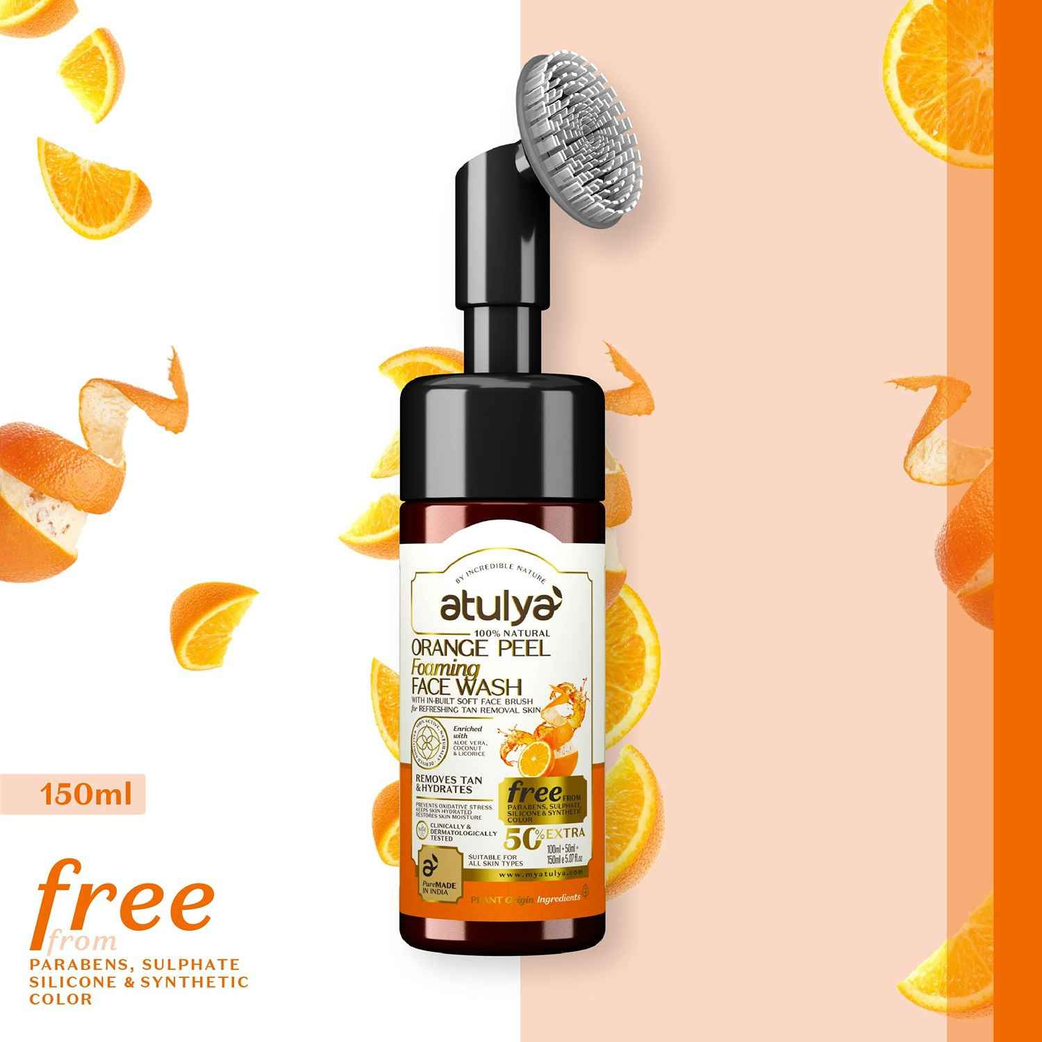 Buy Atulya Orange Peel Foaming Face wash With In-Built Soft Face Brush 150 ml - Purplle