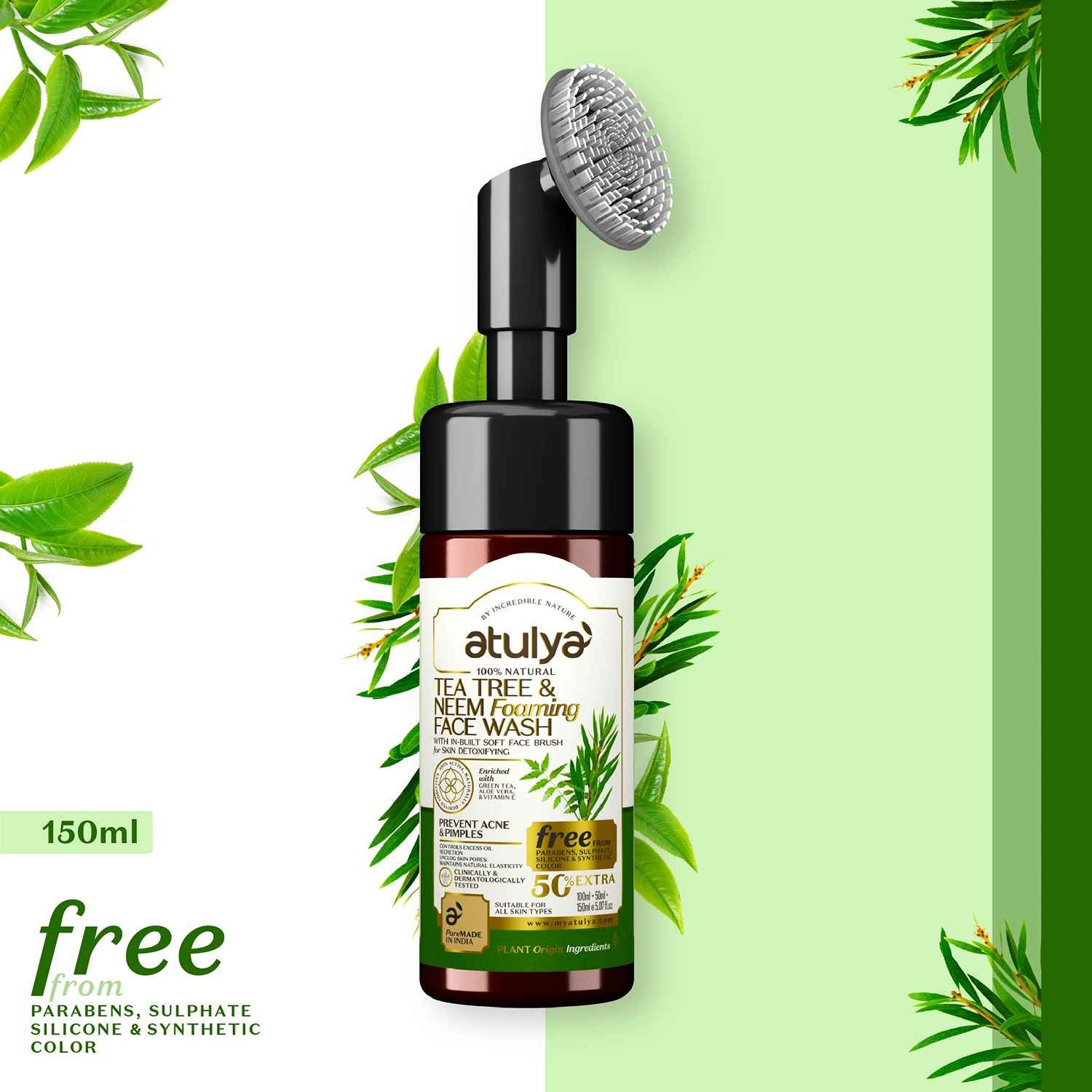 Buy Atulya Tea Tree & Neem Foaming Face Wash With In-Built Soft Face Brush 150 ml - Purplle