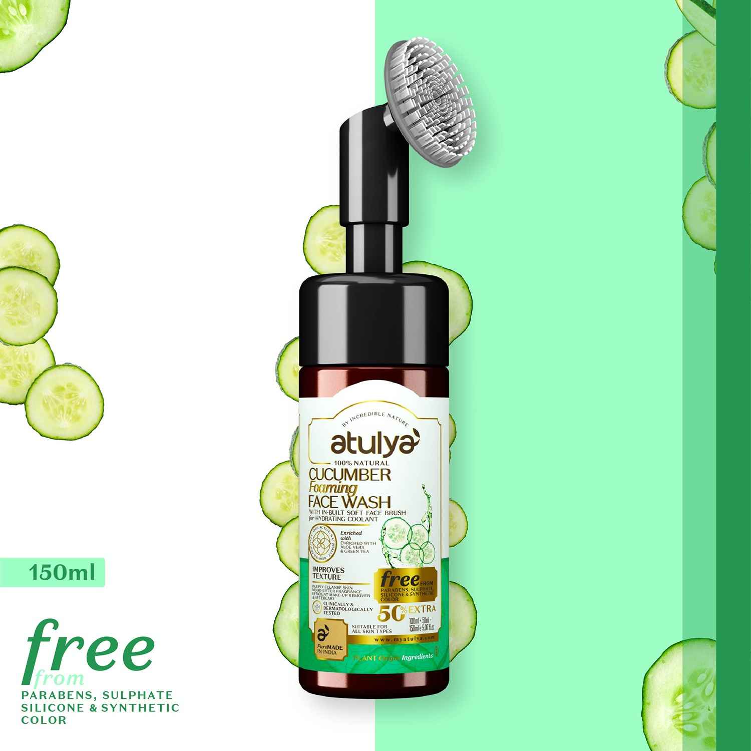 Buy Atulya Cucumber Foaming Face Wash With In-Built Soft Face Brush 150 ml - Purplle