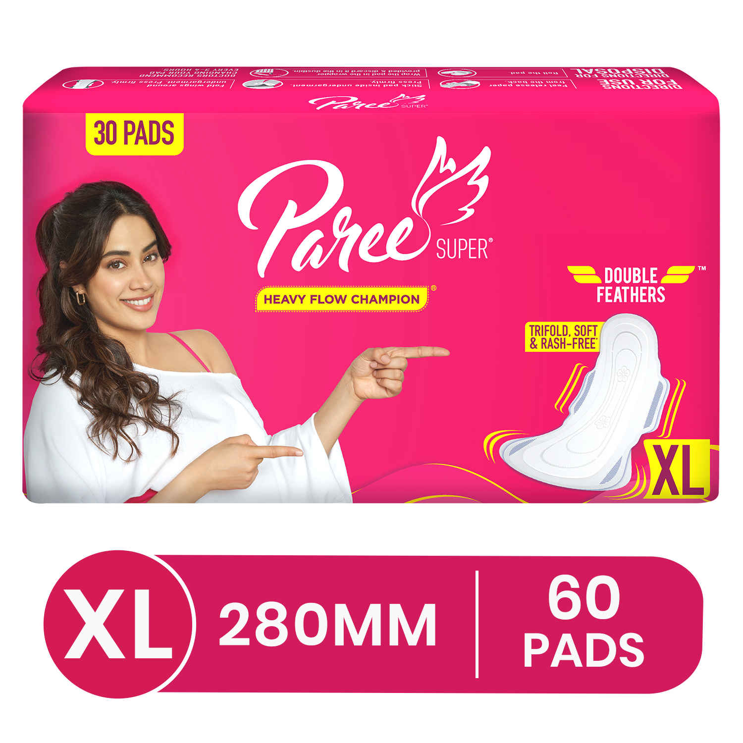 Buy Paree Super Sanitary Pads with Double feather for Heavy Flow, XL | All Day Leakage Protection and Convenient Disposable Pouch- 60 Pads - Purplle