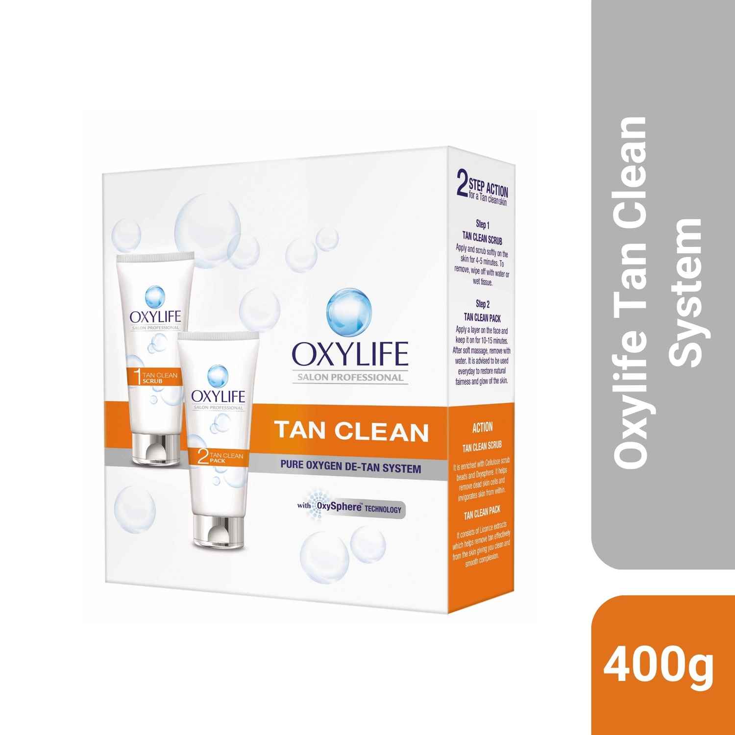 Buy Oxylife Salon Professional Tan Cean System - 400g | Pure Oxygen De-Tan System | With Oxysphere Technology | Instant & Effective Tan Removal | Deep Cleansing | Evens Skin Tone | 2 Step Action for Tan Clean - Purplle