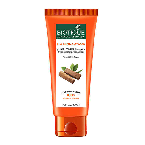 Buy Biotique Bio Sandalwood Ultra Soothing Face Lotion 50+ SPF UVA/UVB Sunscreen (100 ml) - Purplle