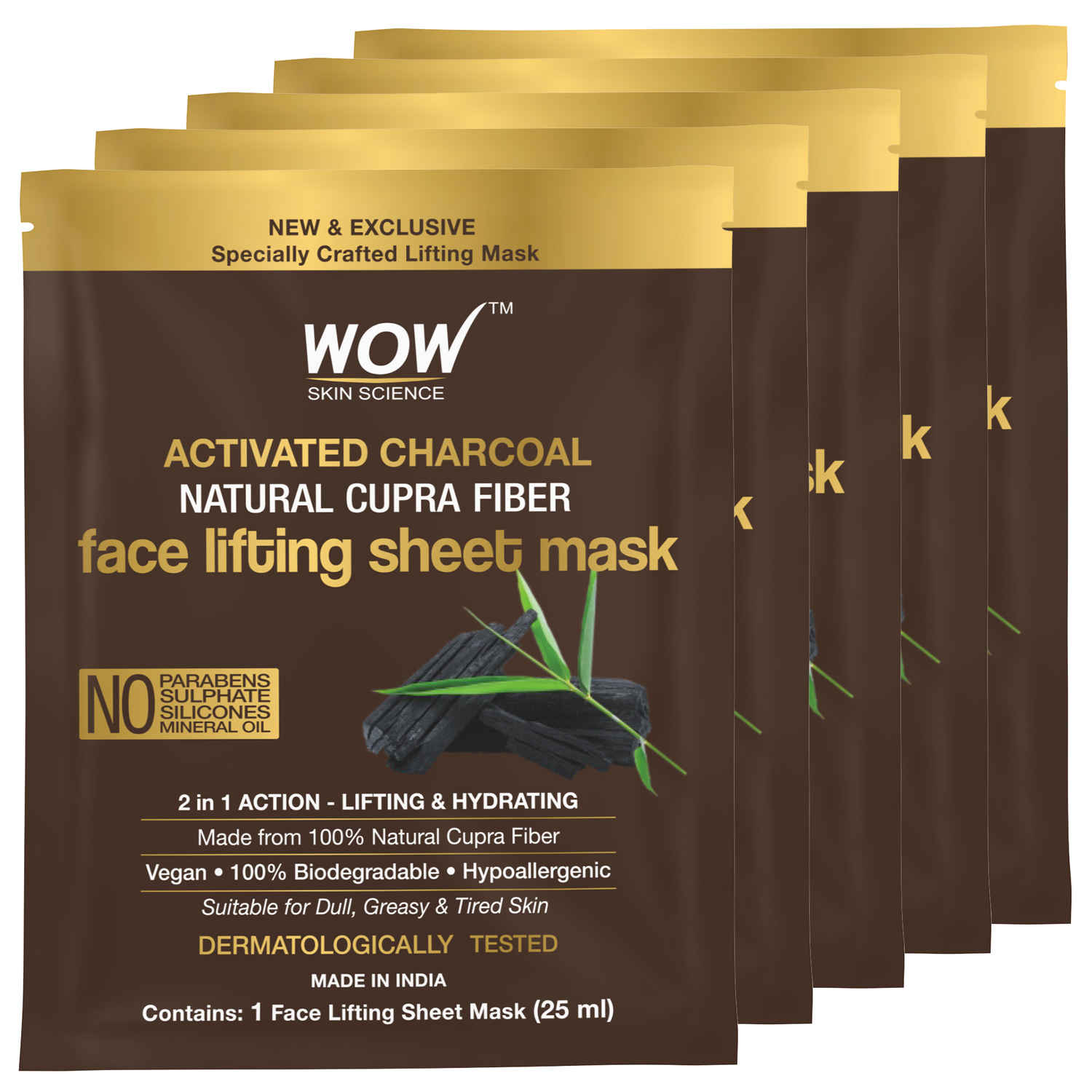 Buy WOW Skin Science Activated Charcoal Natural Cupra Fiber Face Lifting Sheet Mask - For Skin Purification and Skin Hydration - 25ml - Pack of 5 - Purplle