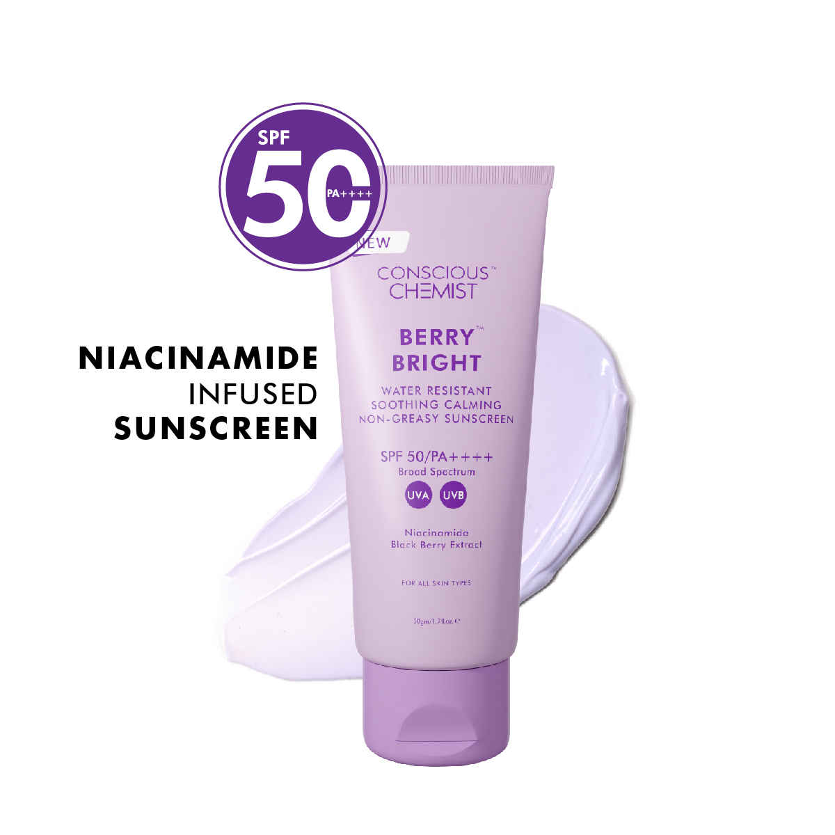 Buy Conscious Chemist Berry Bright Water Resistant Sunscreen | Sunscreen SPF 50 PA++++ | 50 gm | Sunscreen for Oily Skin, Niacinamide Sunscreen with Black Berry Extract, Hybrid Lightweight, Water Resistant, All Skin Types - Purplle