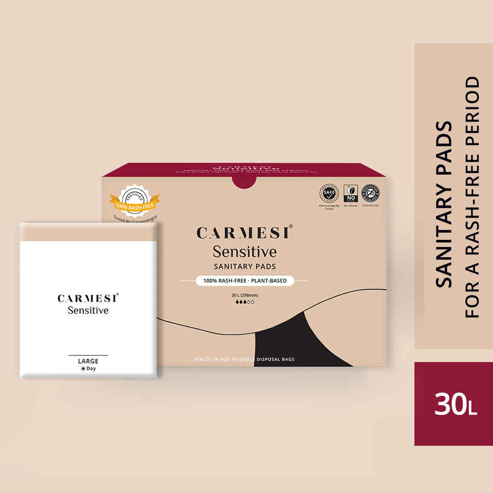 Buy Carmesi Sensitive - Sanitary Pads for Rash-Free Periods (30 Large) - Purplle