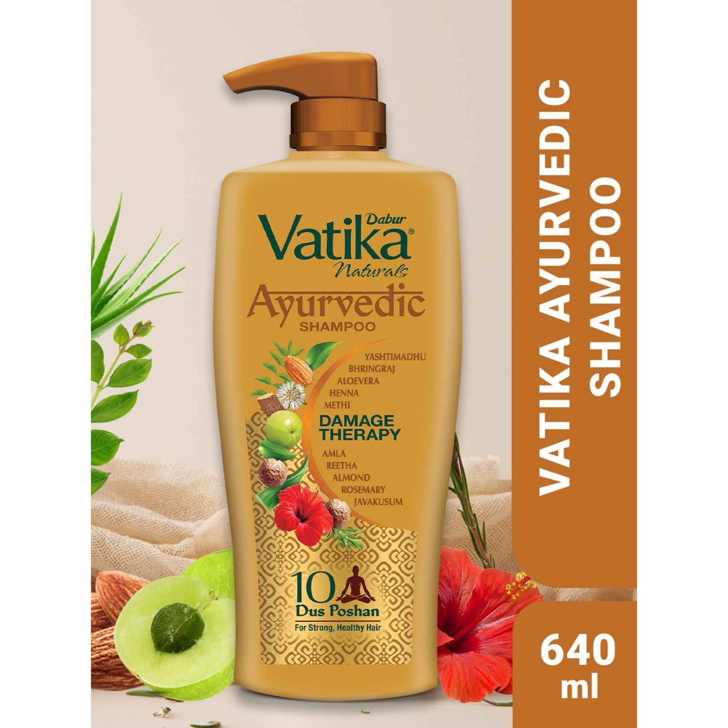 Buy Dabur Vatika Ayurvedic Shampoo - 640ml | Damage Therapy | With Power of 10 ingredients for solving 10 hair problems| No Parabens | For all hair types - Purplle