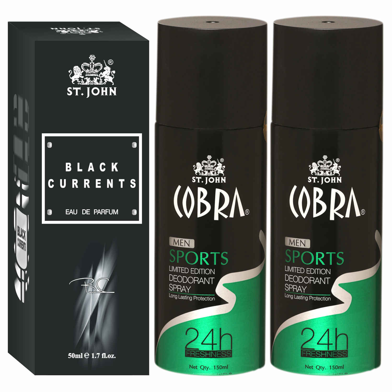 Buy St John Cobra Deodrant Sports 150 ml Pack of 2 & Black Current 50 ml Perfume Combo Gift Pack Perfume Body Spray - For Men & Women (350 ml, Pack of 3) - Purplle