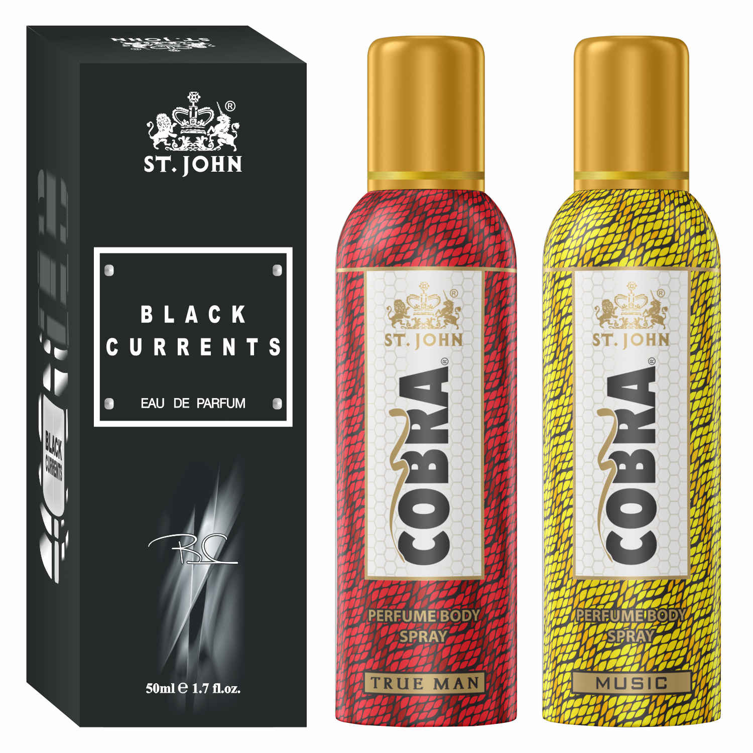 Buy St John Cobra No Gas Deodorant Music, True Man 100 ml each & Black Current 50 ml Combo Perfume Body Spray - For Men & Women (250 ml, Pack of 3) - Purplle