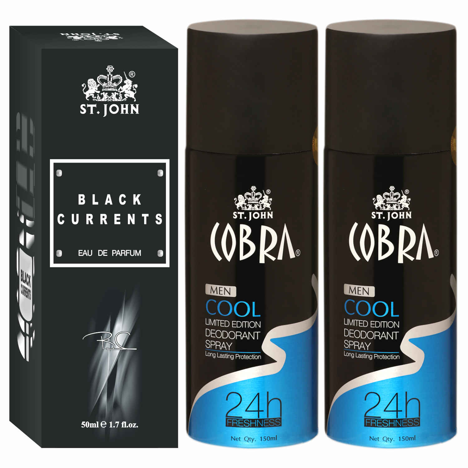 Buy St John Cobra Deodrant Cool 150 ml Pack of 2 & Black Current 50 ml Perfume Combo Gift Pack Perfume Body Spray - For Men & Women (350 ml, Pack of 3) - Purplle