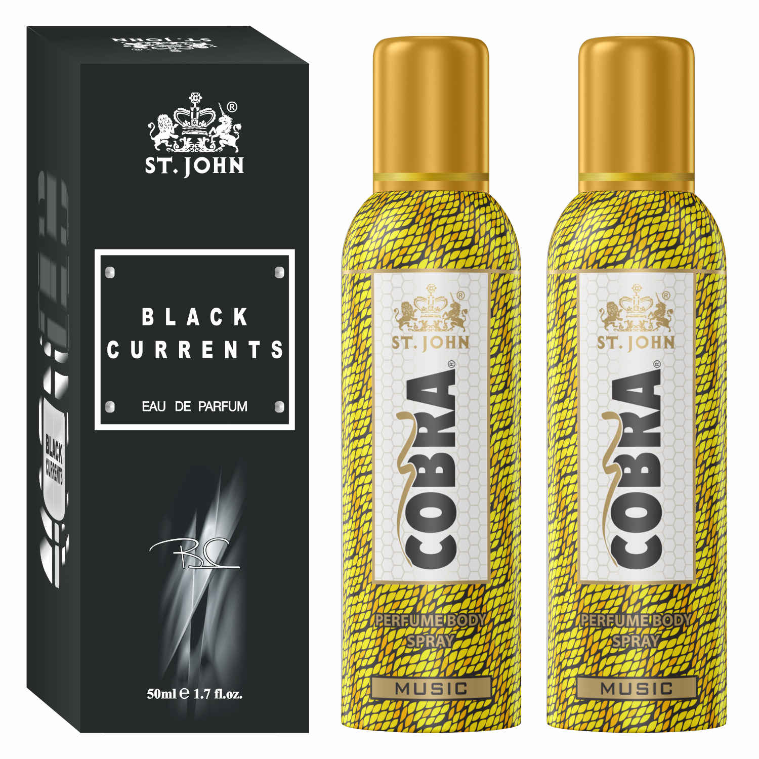 Buy St John Cobra Deodrant No Gas Music Pack of 2 100 ml each & Black Current 50 ml Combo Perfume Body Spray - For Men & Women (250 ml, Pack of 3) - Purplle