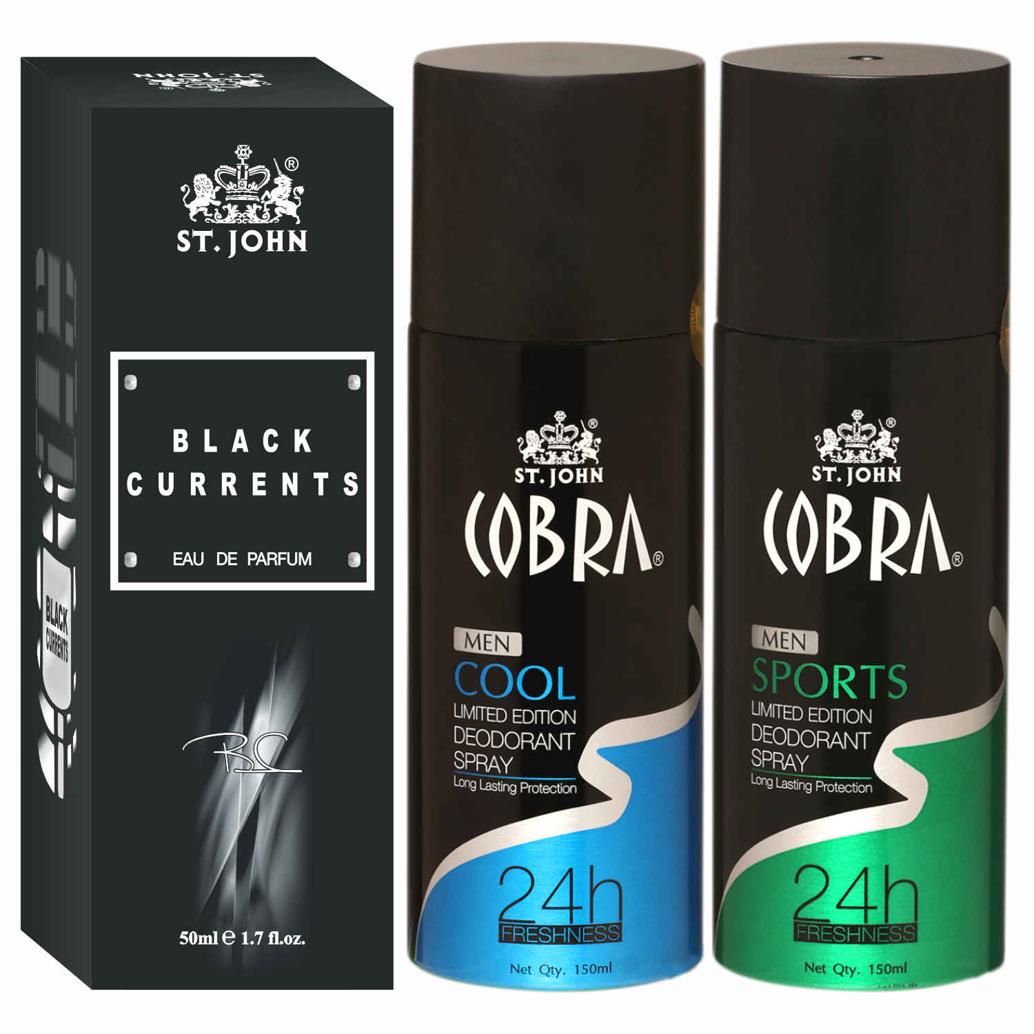 Buy St John Cobra Deodrant Cool & Sports 150 ml each & Black Current 50 ml Perfume Combo Pack Perfume Body Spray - For Men & Women (350 ml, Pack of 3) - Purplle