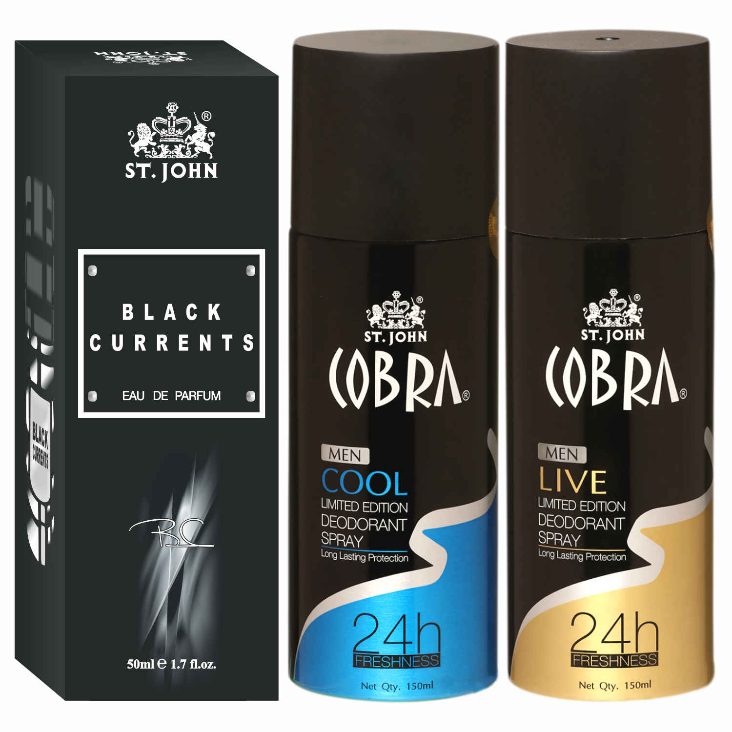 Buy St John Cobra Deodrant Cool & Live 150 ml each & Black Current 50 ml Perfume Combo Pack Perfume Body Spray - For Men & Women (350 ml, Pack of 3) - Purplle