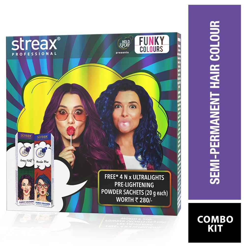 Buy Streax Professional Hold & Play Funky Colour Combo Kit, Ammonia Free Semi-Permanent Hair Colour 200 gm+80 gm - Purplle