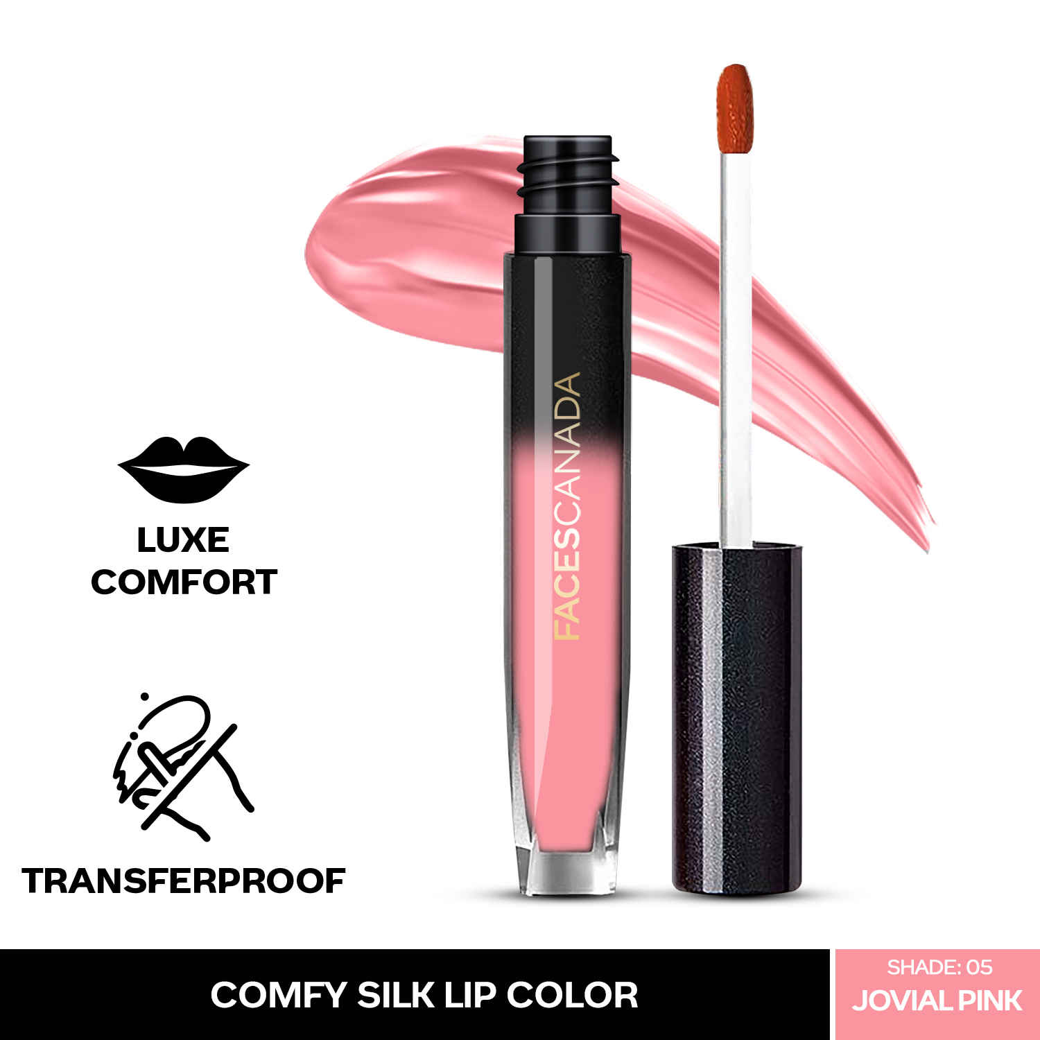 Buy FACES CANADA Comfy Silk Liquid Lipstick - Jovial Pink 05, 3 ml | Satin Matte HD Finish | Luxe Comfort | Longlasting | No Dryness | Smooth Texture | Mulberry Oil & Shea Butter For Plump Hydrated Lips - Purplle