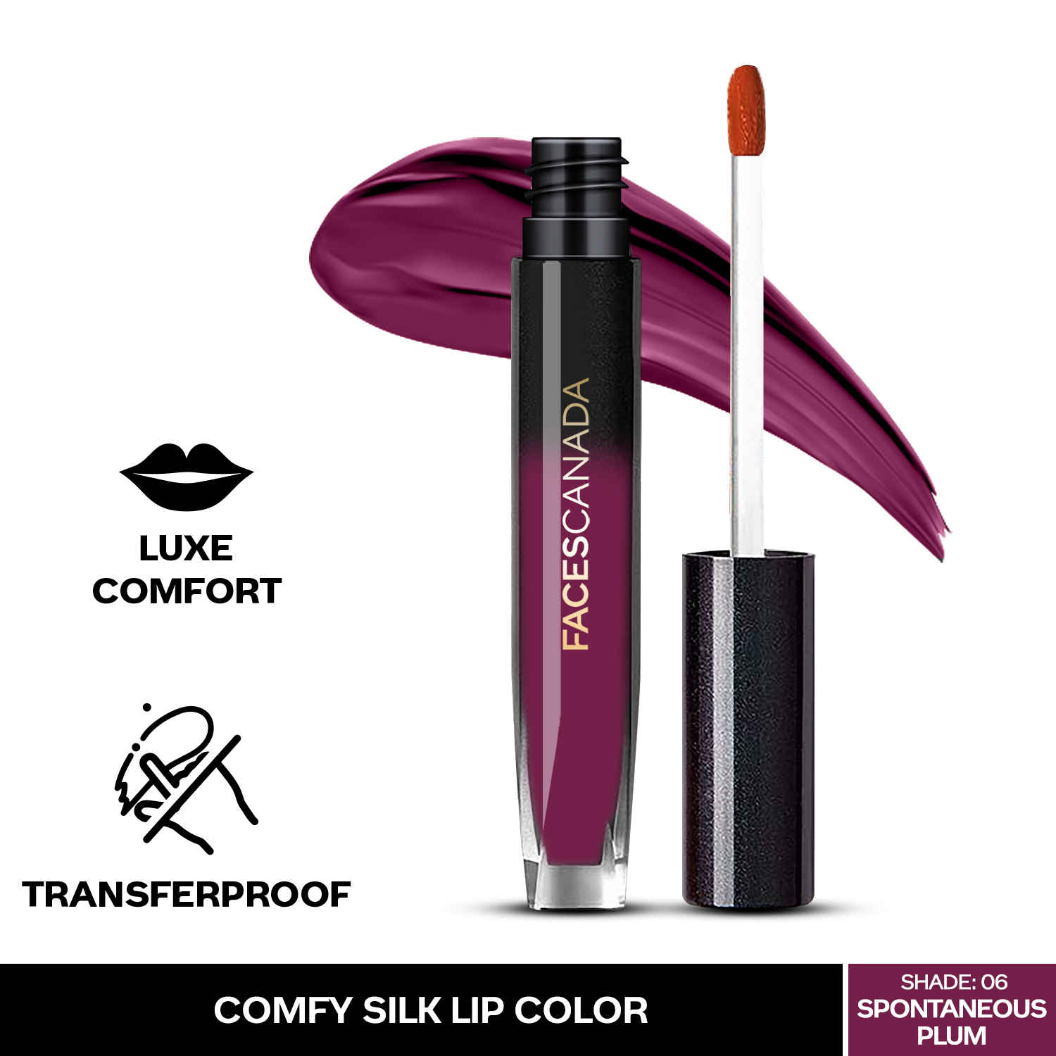 Buy FACES CANADA Comfy Silk Liquid Lipstick - Spontaneous Plum, 3 ml | Satin Matte HD Finish | Luxe Comfort | Longlasting | No Dryness | Smooth Texture | Mulberry Oil & Shea Butter For Plump Hydrated Lips - Purplle