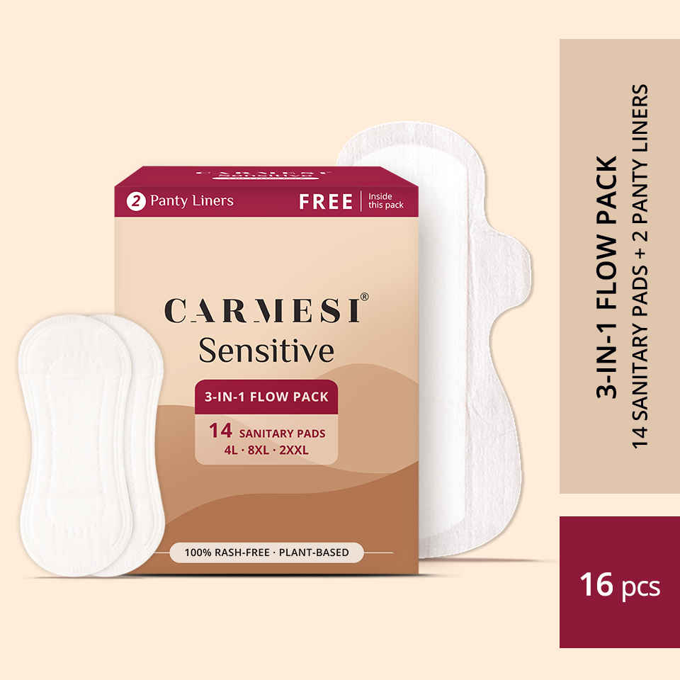 Buy Carmesi Sensitive 3-in-1 Flow Pack- Sanitary Pads (4L+8XL+2XXL) with 2 free Pantyliners - Purplle