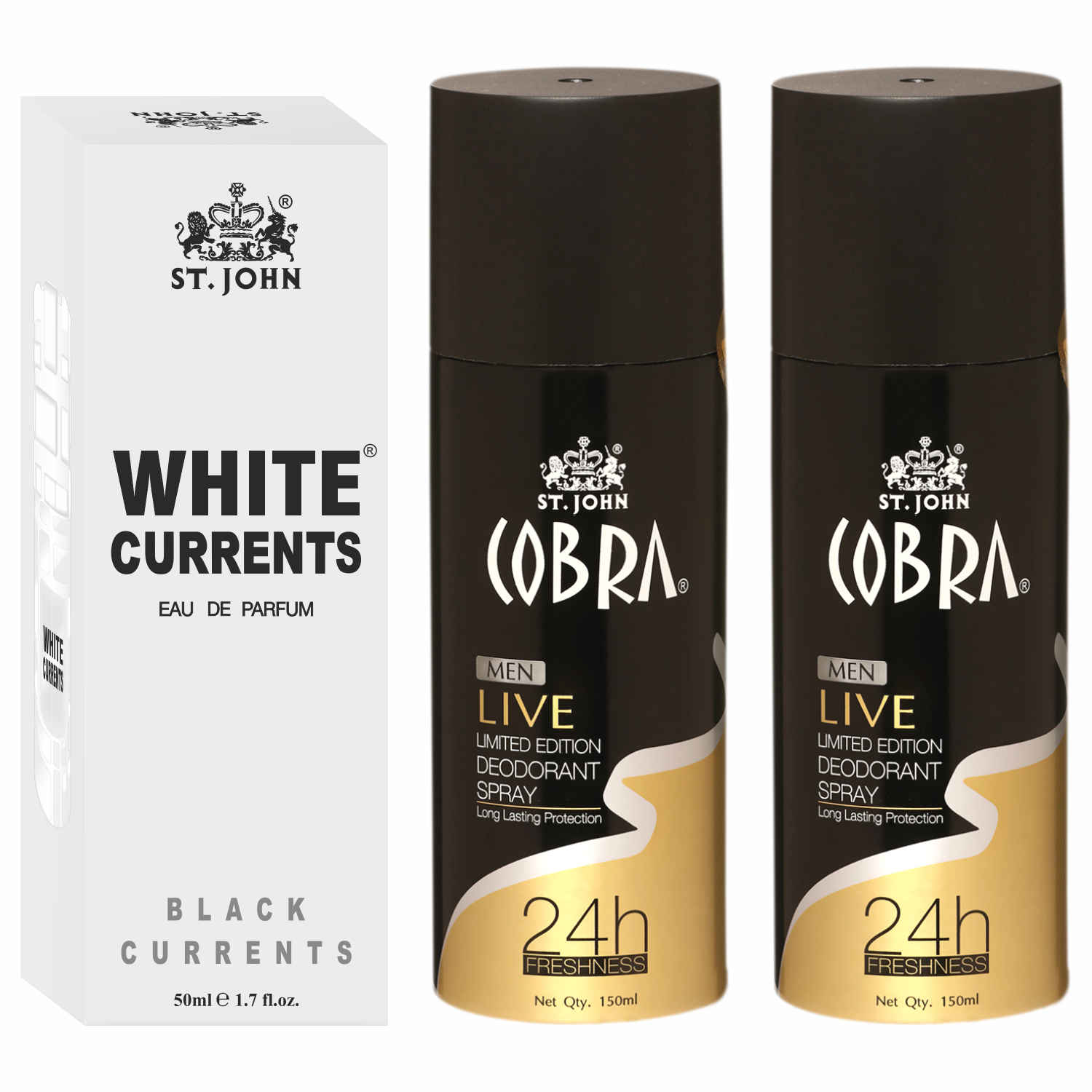 Buy St John Cobra Deodrant Live 150 ml Pack of 2 & Cobra Black Current 50 ml Perfume Combo Gift Pack Perfume Body Spray - For Men & Women (350 ml, Pack of 3) - Purplle
