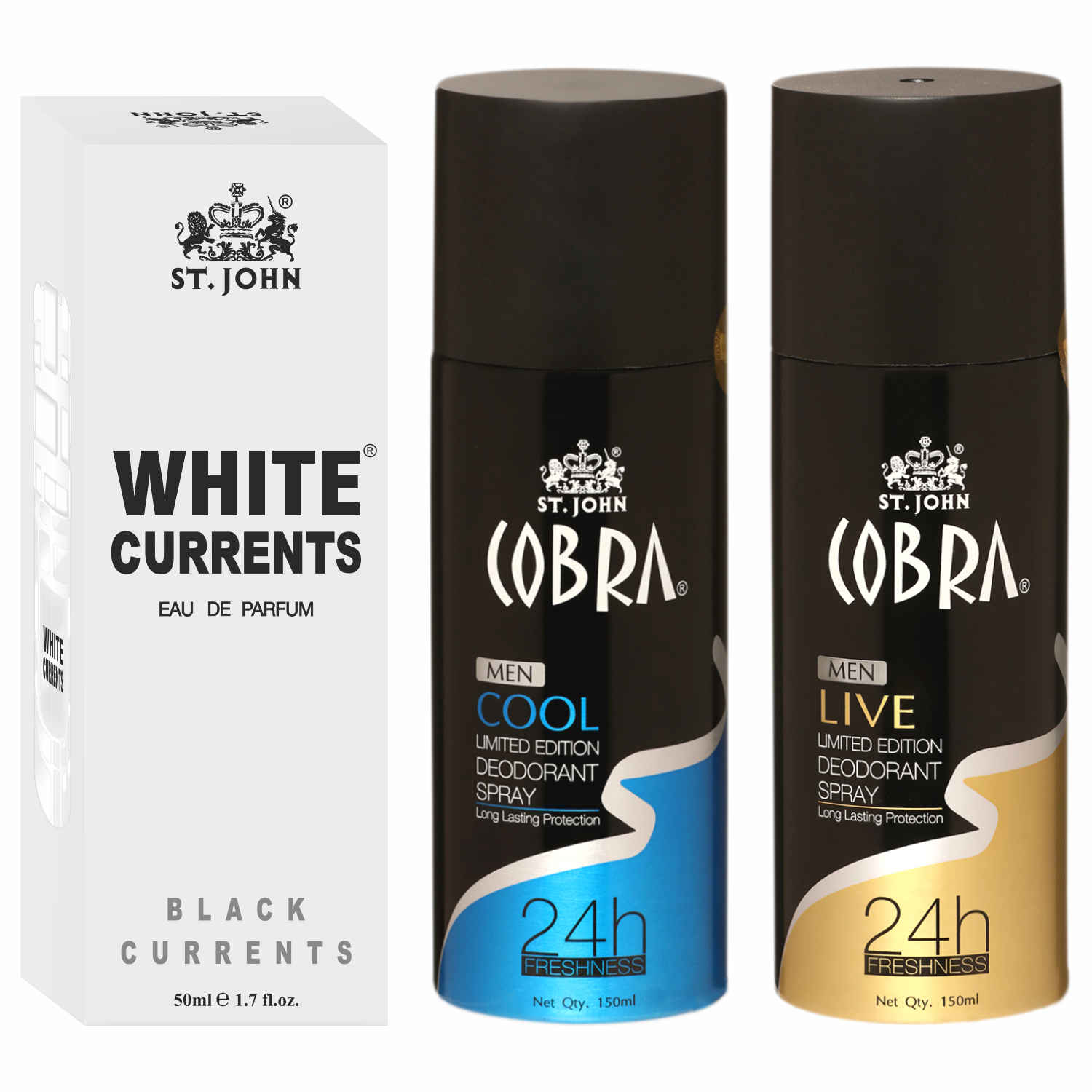 Buy St John Cobra Deodrant Cool & Live 150 ml each & White Current 50 ml Perfume Combo Pack Perfume Body Spray - For Men & Women (350 ml, Pack of 3) - Purplle