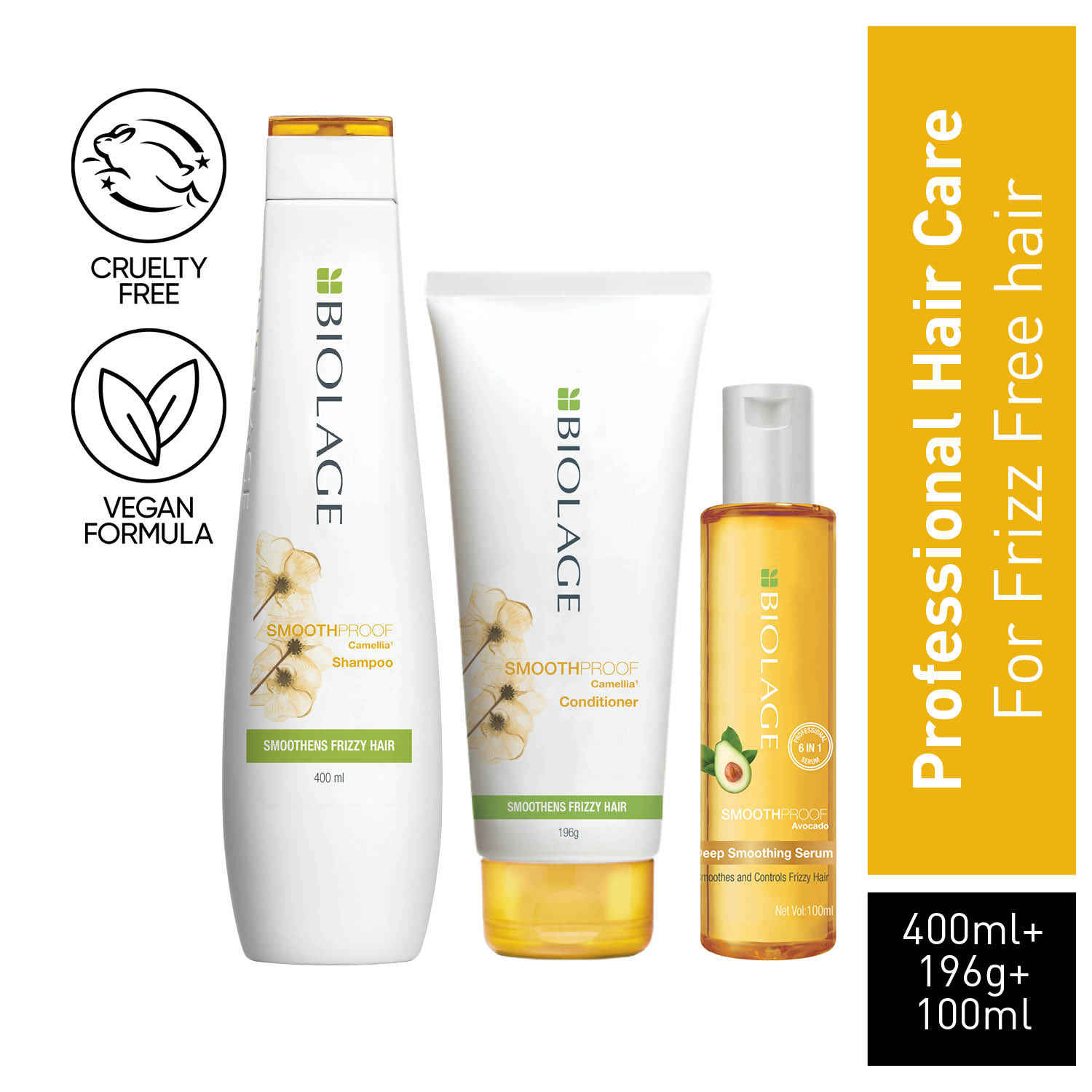 Buy Biolage Smoothproof Smoothing Shampoo + Smoothproof Conditioner + Smoothproof 6-in1 Deep Smoothening Serum (400 ml + 196g + 100 ml) - Purplle