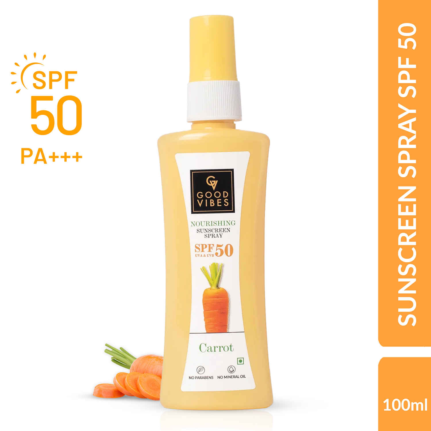 Buy Good Vibes Carrot Nourishing Sunscreen Spray SPF 50 | Soothing, Hydrating, De-tanning | Vegan, No Parabens, No Mineral Oil, No Silicones (100 ml) - Purplle