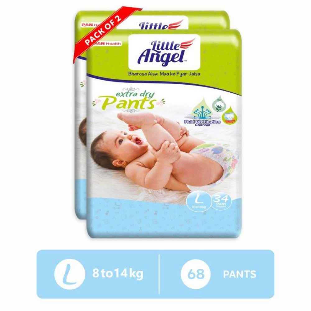 Buy Little Angel Extra Dry Baby Pants Diaper, Large (L) Size, 68 Count, Super Absorbent Core Up to 12 Hrs. Protection, Soft Elastic Waist Grip & Wetness Indicator, Pack of 2, 34 count/pack, 8-14kg - Purplle