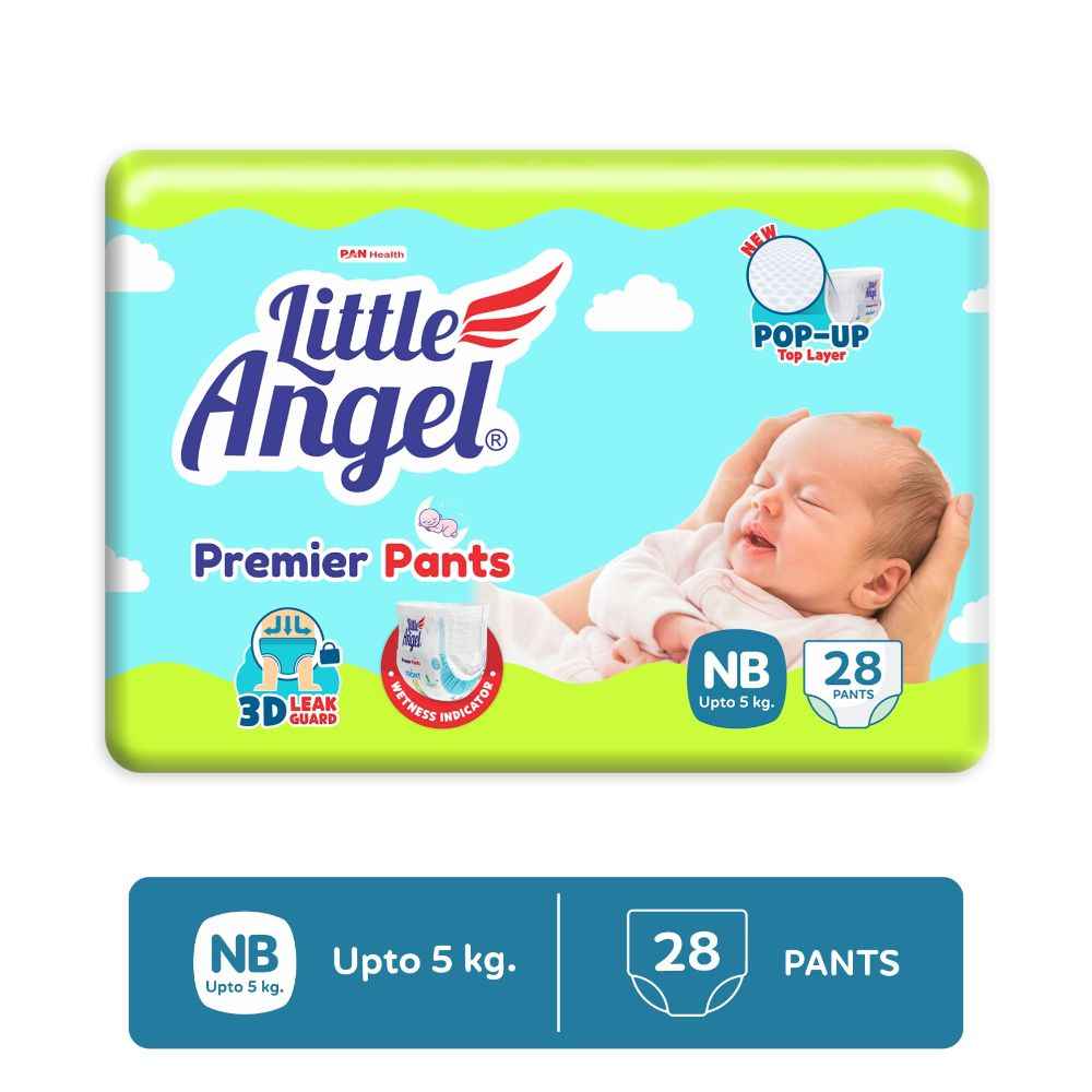 Buy Little Angel Premier Pants Baby Diaper, New Born (NB/XS) Size, 28 Count, Cottony Soft Material, Wetness Indicator, Breathable Layer, Extra Dry Core, Stretchable Sides, Pack of 1, up to 5 kgs - Purplle