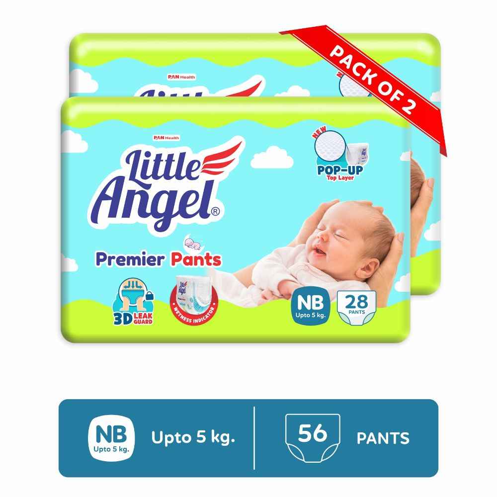 Buy Little Angel Premier Pants Baby Diaper, New Born (NB/XS) Size, 56 Count, Cottony Soft Material, Wetness Indicator, Breathable Layer, Extra Dry Core, Stretchable Sides, Pack of 2, 28 count/pack, up to 5 kgs - Purplle