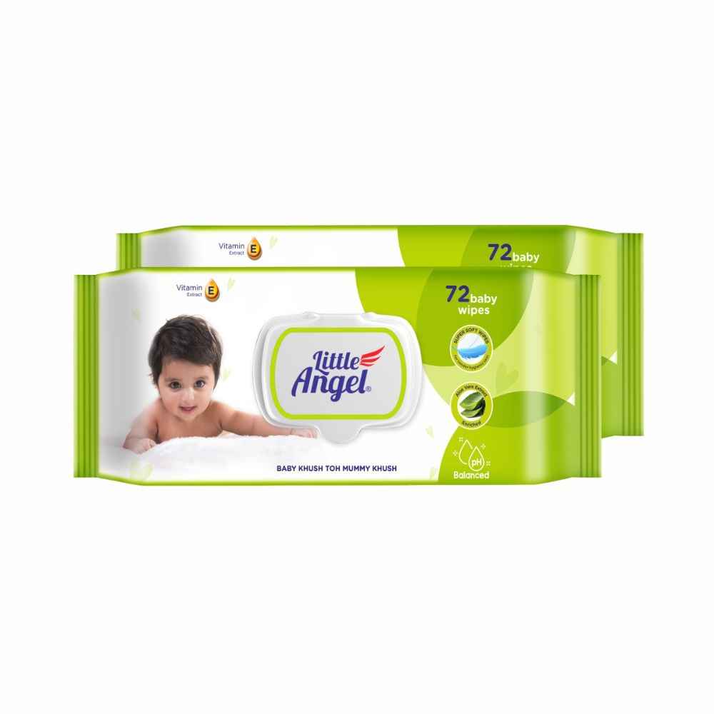 Buy Little Angel Super Soft Cleansing Baby Wipes Lid Pack, 144 Count, Enriched with Aloe vera & Vitamin E, pH balanced, Dermatologically Tested & Alcohol-free, Pack of 2,72 count/pack - Purplle