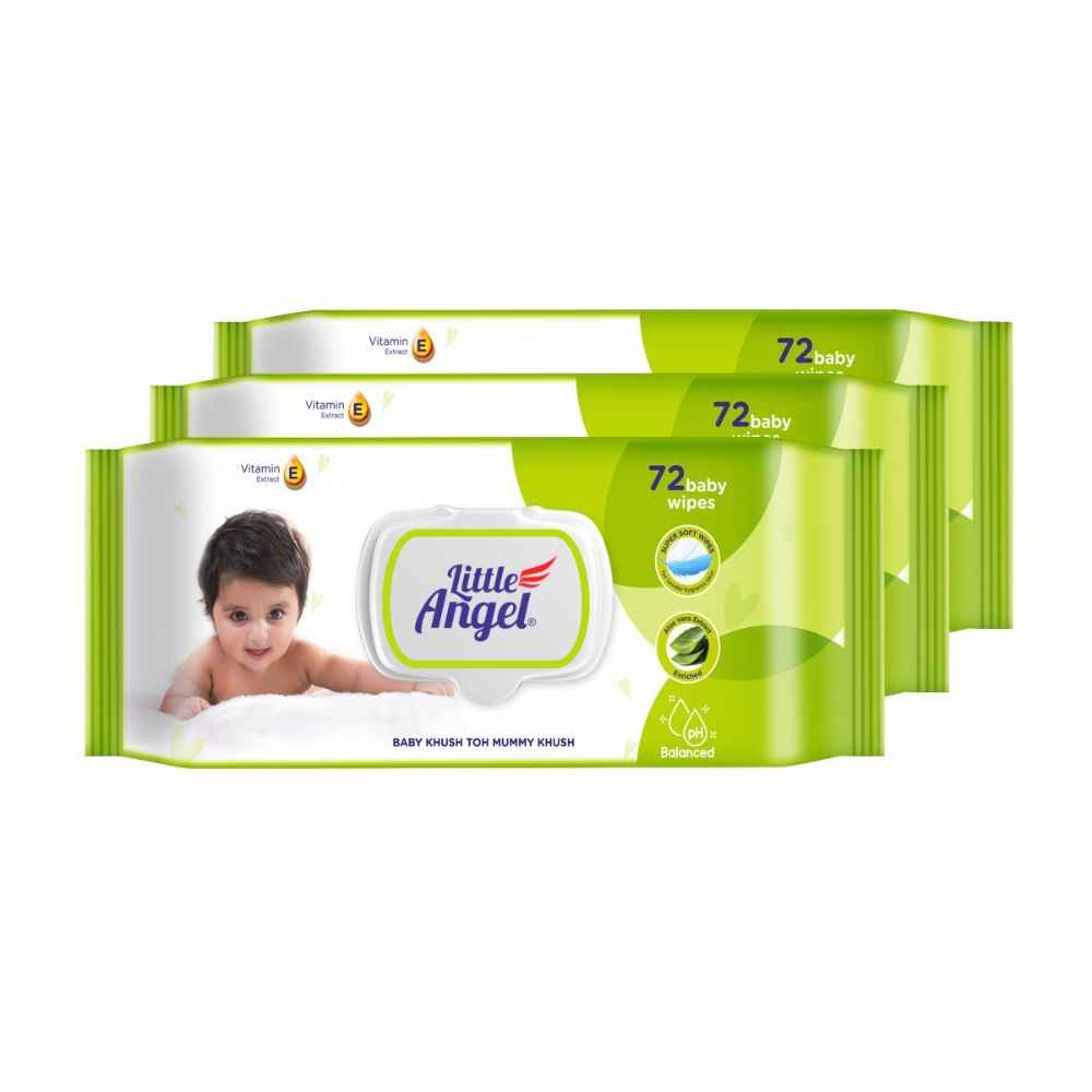 Buy Little Angel Super Soft Cleansing Baby Wipes Lid Pack, 216 Count, Enriched with Aloe vera & Vitamin E, pH balanced, Dermatologically Tested & Alcohol-free, Pack of 3,72 count/pack - Purplle