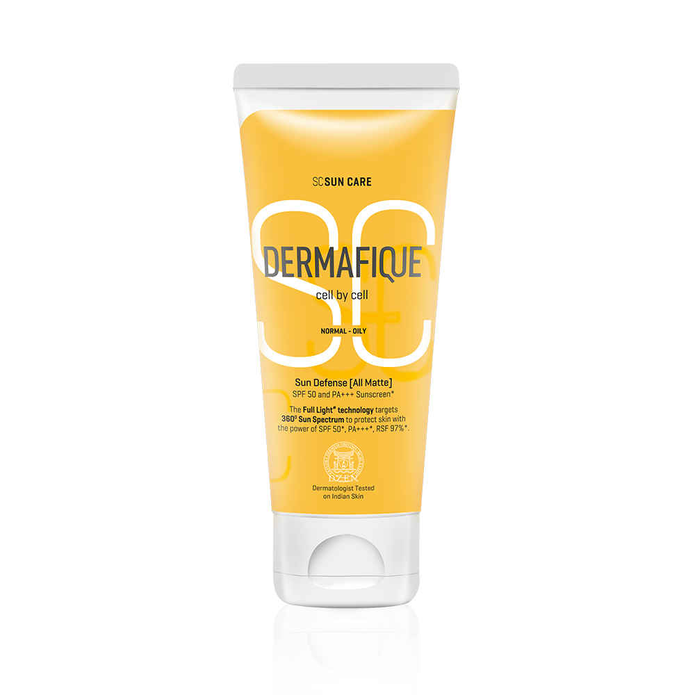 Buy Dermafique Sun Defense All Matte, SPF 50, PA +++ Sunscreen 50 gm, Normal-Oily Skin, Prevents Tanning & Photaging, Dermatologist Tested on Indian Skin - Purplle