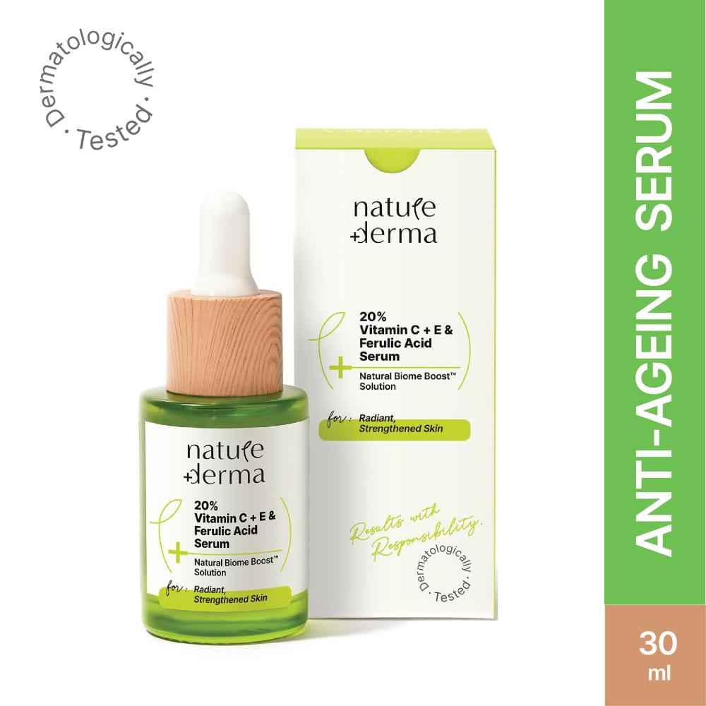 Buy Nature Derma 20% Vitamin C, Vitamin E & Ferulic Acid Serum with Natural Biome-Boost™ - Reduces Dark Spots, Dullness & Signs of Aging | Use For Brighter, Glowing & Strengthened Skin | 30ml - Dermatologically Tested - Purplle