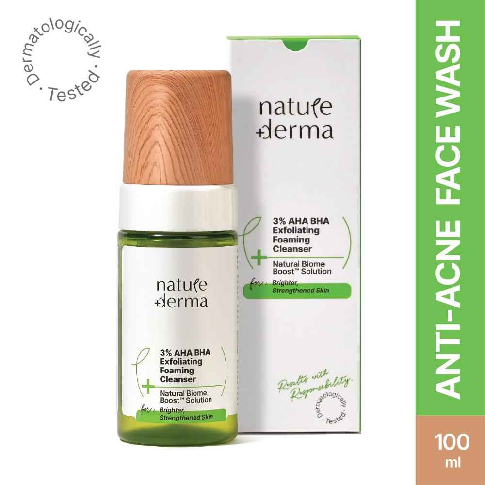 Buy Nature Derma 3% AHA BHA Facewash with 100% Natural Biome-Boostaa€zA¢ Solution: Skin-Strengthening & Exfoliating Foaming Cleanser To Resurface Dull / Dry Skin And Fight Acne 100 ml - Purplle