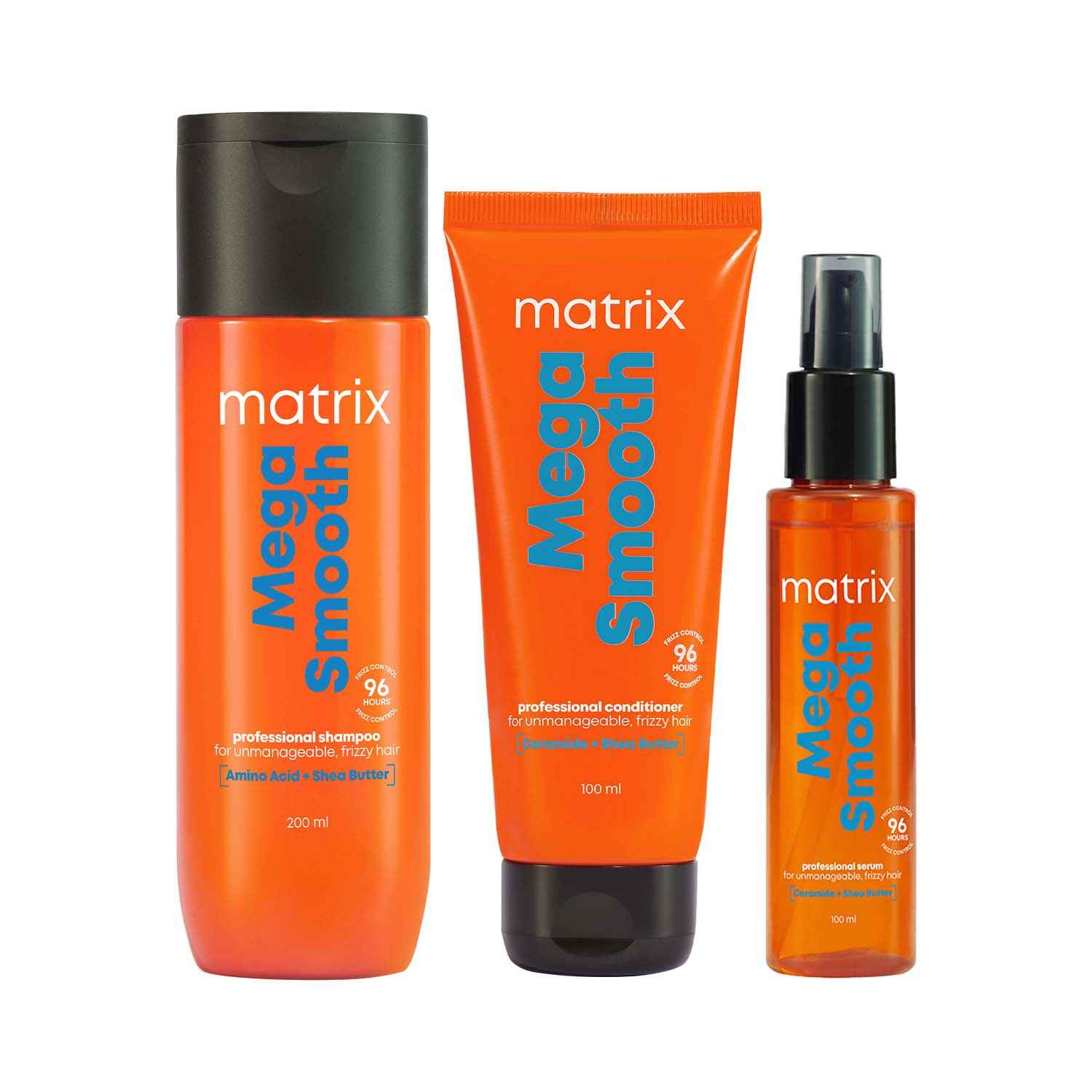 Buy MATRIX Mega Smooth Shampoo (200 ml), Conditioner (100 ml) & Serum(100 ml) Combo with Shea Butter for Frizzy Hair | Max Smoothness for 4 Days | Used by 1 Lakh Hairstylists* | For All Hair Types - Purplle