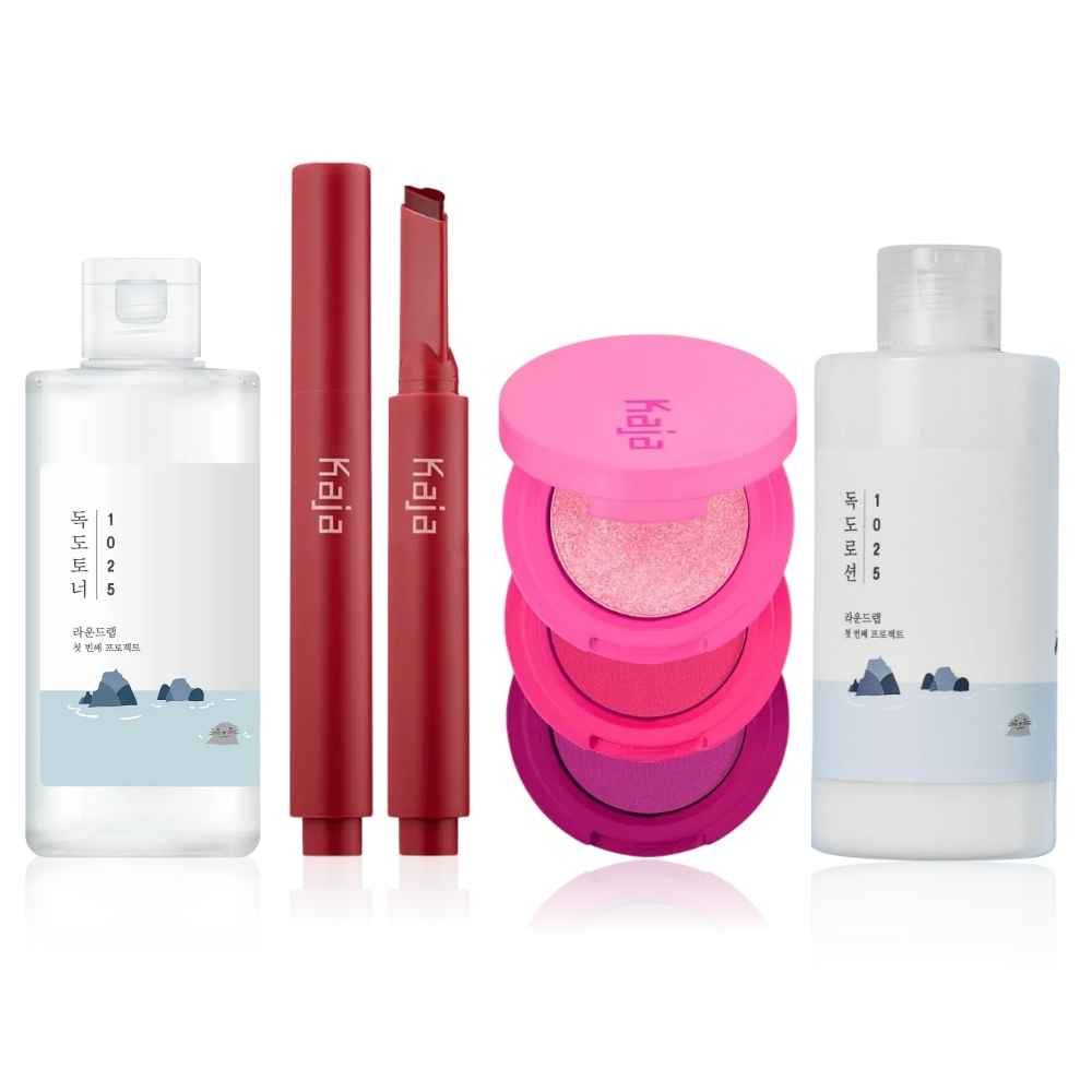 Buy Korean Face & Skin Beauty Bundle -02| Kaja Lip Gloss Stick (Too Hot), Kaja Beauty Bento (Hella Azalea), Round Lab Toner (Mini), Round Lab Lotion (Mini) - Purplle