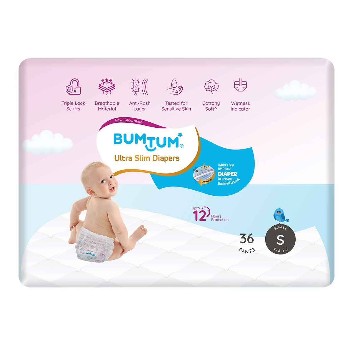 Buy Bumtum Ultra Slim Baby Diaper Pants with Leakage Protection -4 to 8 Kg (Small, 36 Count, Pack of 1) - Purplle