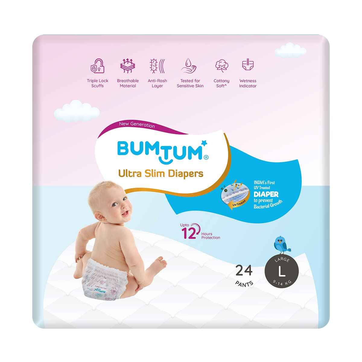 Buy Bumtum Ultra Slim Baby Diaper Pants with Leakage Protection -9 to 14 Kg (Large, 24 Count, Pack of 1) - Purplle