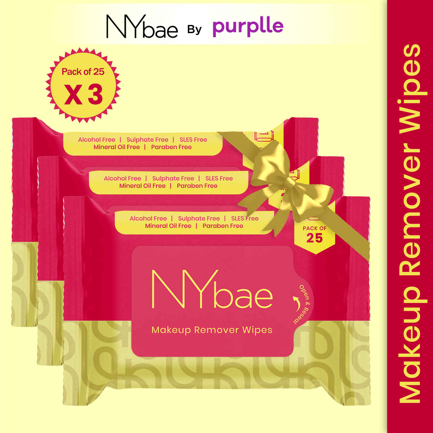 Buy NY Bae Makeup Remover Wipes - Super Value Combo (25N x 3) | Cleanses Makeup & Dirt | Gentle On Skin | Travel Pack | Alcohol Free - Purplle