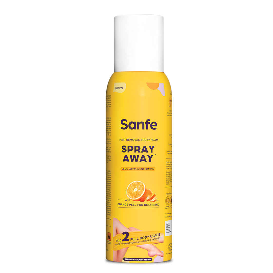 Buy Sanfe Painless & Detan Hair Removal Spray Foam - 200 ml | For Chest, Legs, Arms & UnderArm | Removes Hair in 10 Minutes with Skin Detan | Orange Peel, Aloevera, Vitamin E & Niacinamide - Purplle