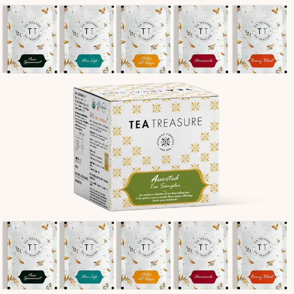 Buy Tea Treasure Assorted tea Sampler: Pure chamomile, Spearmint Tea, Berry Blast Tea, Slim life, 28 day detox (Each 2 Tea bags) - Purplle