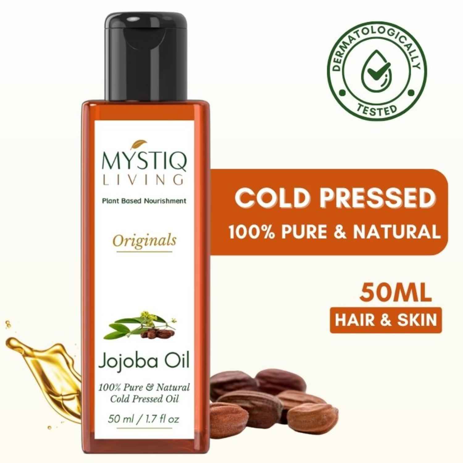 Buy Mystiq Living Jojoba Oil Pure and Cold Pressed (50 ml) For Face, Skin, Body & Hair Growth - Purplle