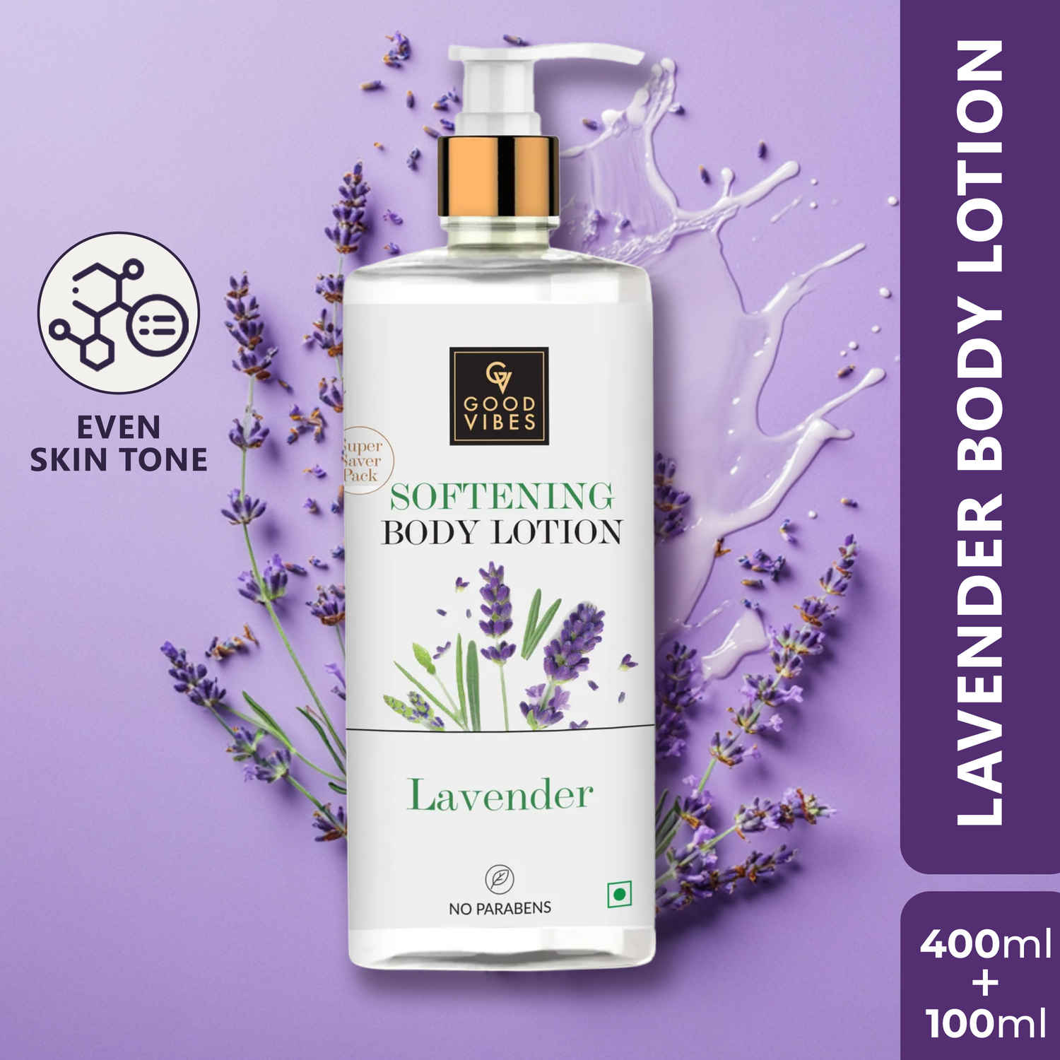 Buy Good Vibes Lavender Softening Body Lotion | Anti-Acne, Anti-Ageing | No Parabens, No Sulphates, No Animal Testing (400 ml + 100 ml free) - Purplle