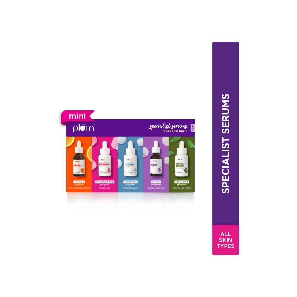 Buy Plum Specialist Serums - Starter Pack I Set of 5 Mini Serums| 3ml Each I Vitamin C, Hyaluronic, Niacinamide, Retinol, AHA BHA PHA Peel I For Glowing, Hydrated, Clear, & Even-toned Skin I Beginner-Friendly I Fragrance-Free I 100% Vegan - Purplle