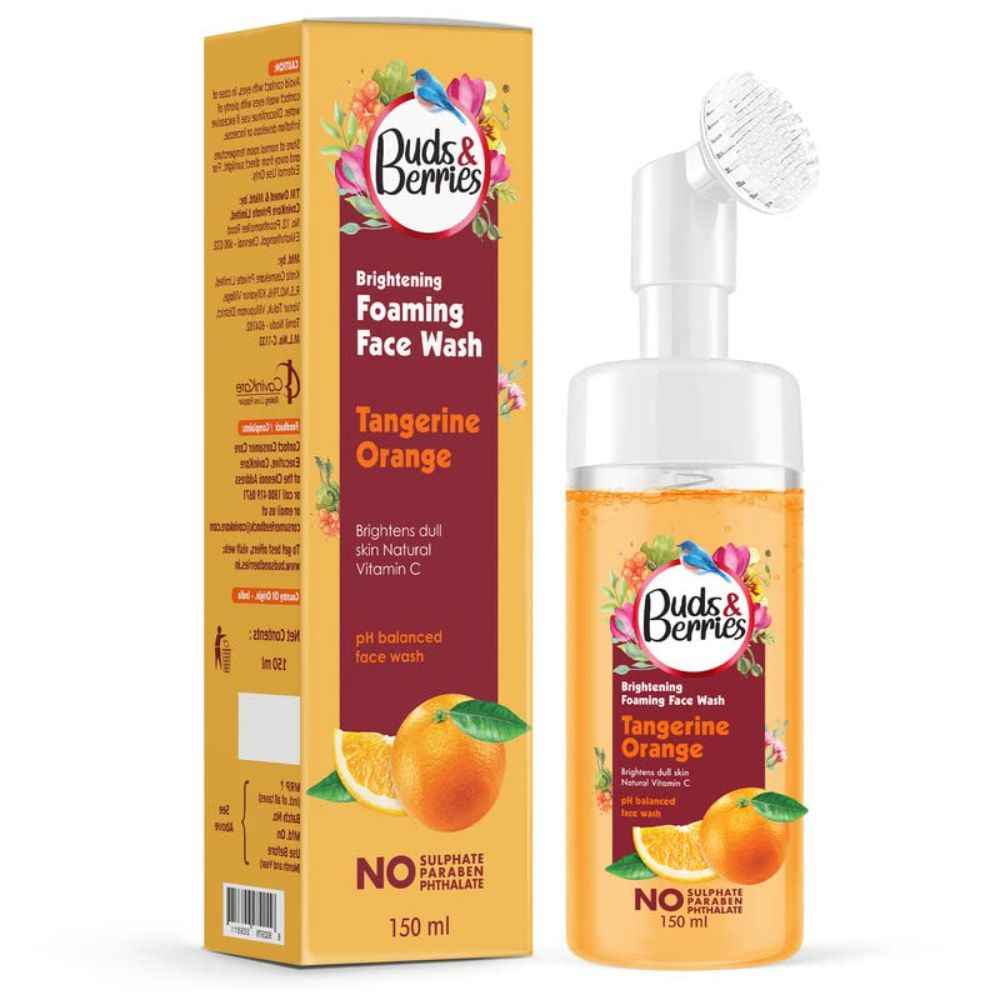 Buy Buds & Berries Brightening Vitamin C Tangerine Foaming Face Wash with Built-In Soft Silicone Brush | pH Balanced Gentle Face Wash | No Sulphate, No Paraben (150 ml) - Purplle