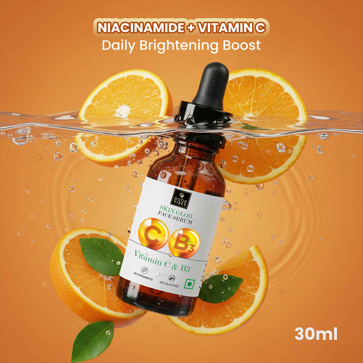Buy Good Vibes Vitamin C & B3 (Niacinamide) Skin Glow Face Serum | Brightening Anti-Ageing | With Orange | No Parabens No Sulphates No Animal Testing (30 ml) - Purplle