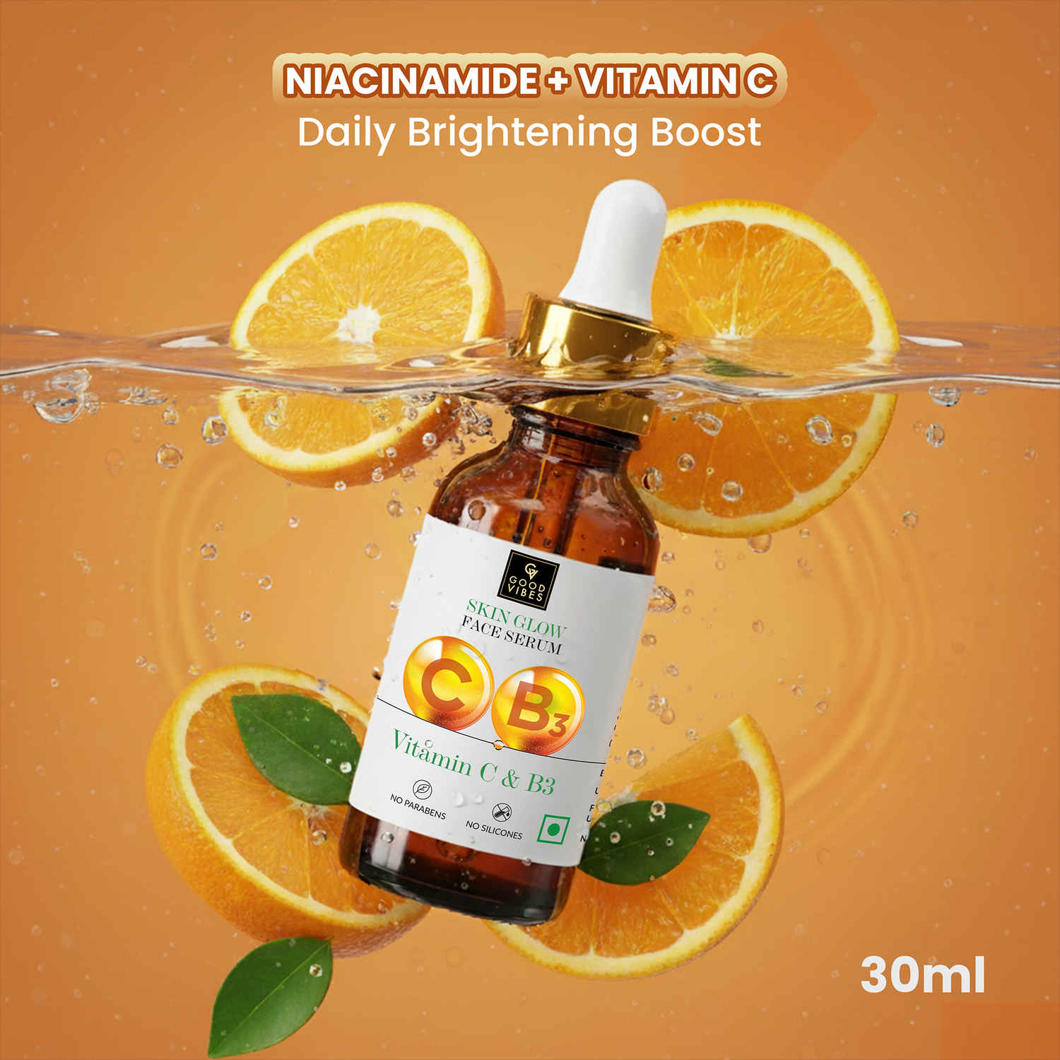 Buy Good Vibes Vitamin C & B3 (Niacinamide) Skin Glow Face Serum | Brightening Anti-Ageing | With Orange | No Parabens No Sulphates No Animal Testing (30 ml) - Purplle