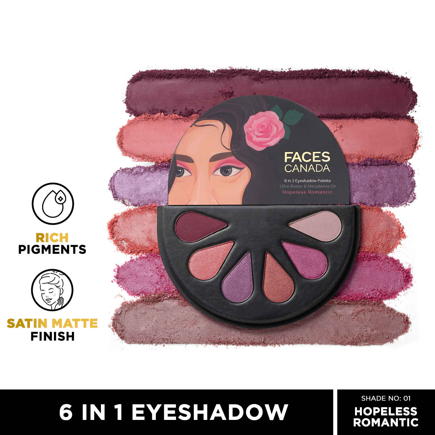 Buy FACES CANADA 6 in 1 Eyeshadow Palette - Hopeless Romantic 01, 6 gm | Olive Butter & Macadamia Oil | Vibrant Colors | Highly Pigmented | Easily Blendable | Silky Satin Texture | No Crease | Cruelty-Free - Purplle