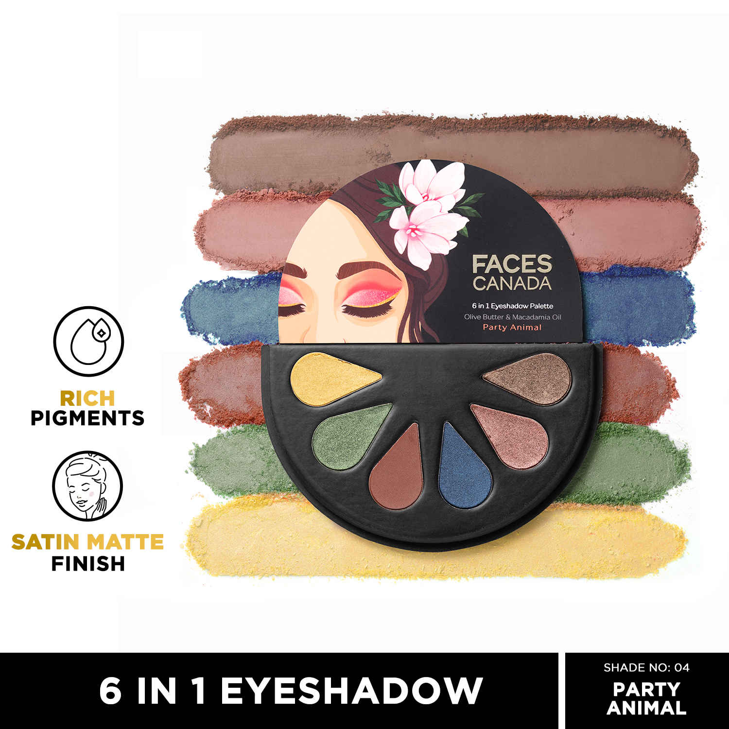 Buy FACES CANADA 6 in 1 Eyeshadow Palette - Party Animal 04, 6 gm | Olive Butter & Macadamia Oil | Vibrant Colors | Highly Pigmented | Easily Blendable | Silky Satin Texture | No Crease | Cruelty-Free - Purplle